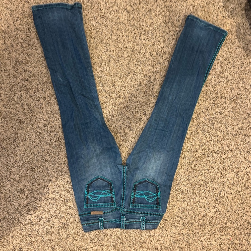Cowgirl Tuff Blue Boot Cut Jeans with Teal Embroidery